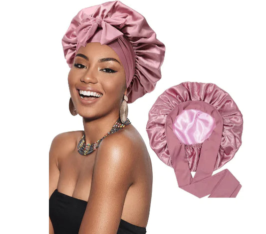 Double Layered Satin Hair Care Bonnet with Bow (One Set) - Curly Luxe